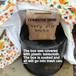Water soaked box of old books